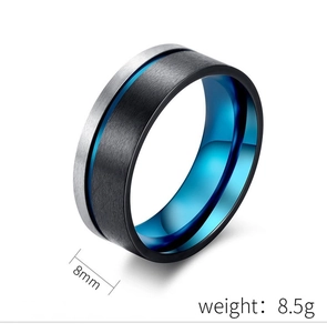 Detail view of 8mm brushed silver and black titanium ring with a blue inner plating