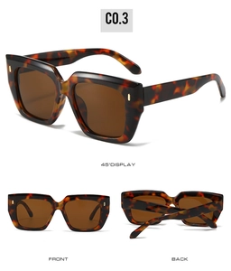 Square oversized tortoiseshell sunglasses with rivet details shown from three view angles