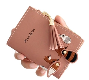 Cute pink faux leather wallet with squirrel embroidery and tassel zipper for women