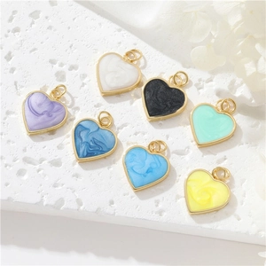 Colorful 14K gold-filled heart charms with resin texture and golden frames in 7 colors