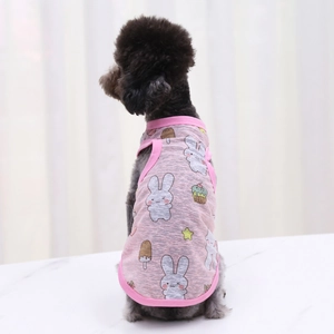 Detail of pink summer pet vest with cartoon rabbit and ice cream patterns for cats and dogs
