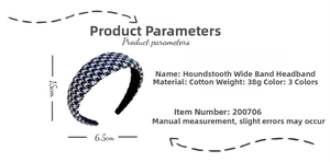Detail specifications of Houndstooth pattern padded wide headband with dimensions info