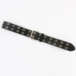 Punk style black leather belt with double row star grommets and metal twin pin buckle