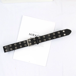 Punk style black leather belt with double row star metal eyelets and silver buckle