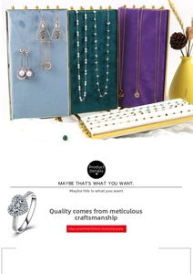 Detail of velvet jewelry display boards with gold frames showing earrings and a ring