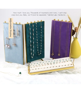 Multi-colored velvet jewelry display stand set with elegant gold metal frames