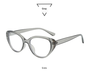 Detailed side view of translucent gray cat eye sunglasses frame with sleek temples