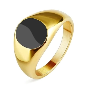 Polished gold titanium steel ring with round black enamel inlay for couples