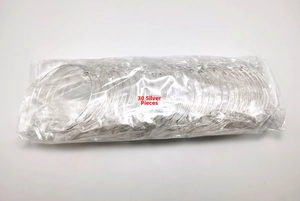 Detail of 30 silver adjustable metal bangles in a transparent DIY craft packaging