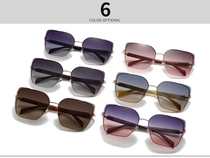 Flat lay display of oversized square metal sunglasses in six gradient color options