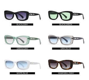 Detailed catalog showing six color variations of small square rhinestone sunglasses for women