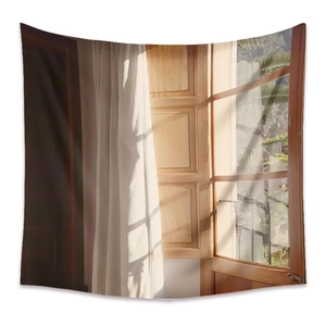 Detail of bohemian window landscape tapestry with realistic sunlight and soft curtains