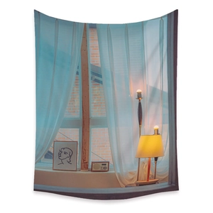 Detail of bohemian tapestry featuring a cozy window scene with a vintage radio and lamp