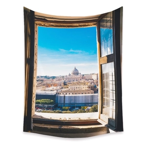 Detail view of Bohemian tapestry featuring St. Peter's Basilica digital window print