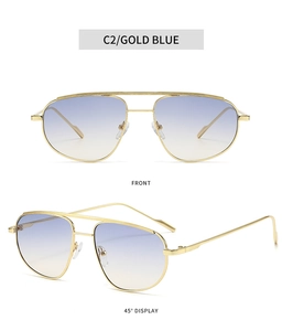 Front and side view of gold double-bridge aviator sunglasses with blue gradient lenses
