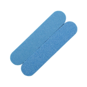 Detail view of two professional blue sponge nail files with rounded ends on white background