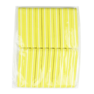 Detail showing a pack of yellow mini nail buffer sponge blocks with white center layer