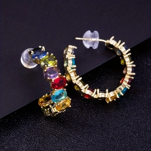 Regenbogen Kristall C Form Ohrringe Kupfer Vergoldet Bunte Zirkon Geometrische Stecker Vintage Schmuck Für Damen