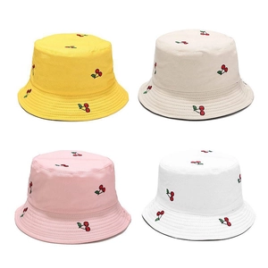 Reversible Cherry Embroidery Bucket Hat Cotton Sun Protection Outdoor Summer Sun Hat Breathable Versatile Women