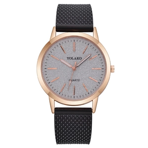 Yolako women's quartz watch with rose gold case, silver glitter dial and black strap
