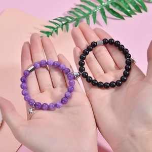 Pink zebra stone couple magnetic heart bracelets with stainless steel star charms