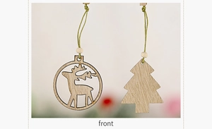 Detail of wooden Christmas ornaments featuring hollow reindeer and tree designs with green rope