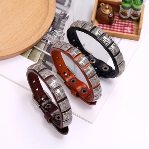 Retro punk style adjustable leather bracelets with engraved silver metal in three colors