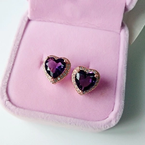 Elegant heart-shaped purple crystal earrings with zircon halo in a pink velvet box