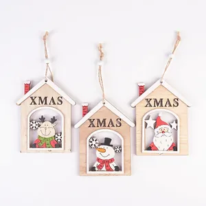 Three-piece set of wooden house-shaped Christmas ornaments with reindeer and Santa graphics