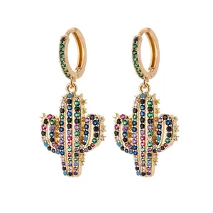 Golden cactus hoop earrings with multicolored cubic zirconia stones in asymmetric design
