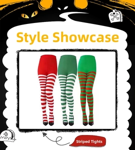 Trois paires de collants rayés rouge-blanc, vert-blanc et vert-rouge pour fêtes et soirées