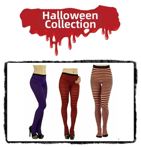 Détails des chaussettes hautes à rayures violettes, rouges et oranges pour Halloween