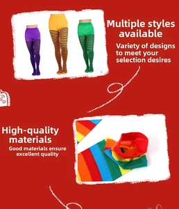 Détail de bas au-dessus du genou rayés en violet, orange, vert et couleurs arc-en-ciel