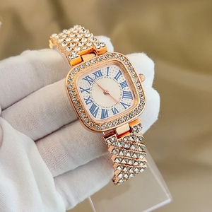 Elegant gold square watch with crystal rhinestones and blue roman numerals for women