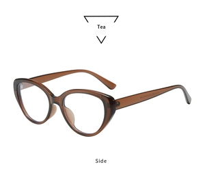 Detail view of tea-colored translucent cat-eye frame with model code 77138 on the temple