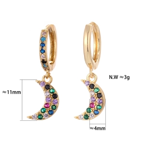 Detail of gold crescent moon hoop earrings with colorful zircon inlay and size dimensions