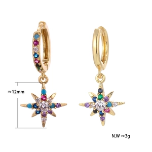 Macro view of gold-plated star earrings with colorful cubic zirconia and 12mm sizing info