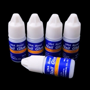 Set of five 3g UNA Bond high-strength nail glue bottles for press-on nails on black background