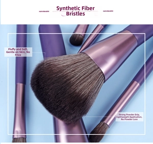 Close-up of soft synthetic fiber bristles on a professional purple makeup brush