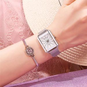 Silver mesh quartz watch with rectangular case and sparkling bracelet set for women
