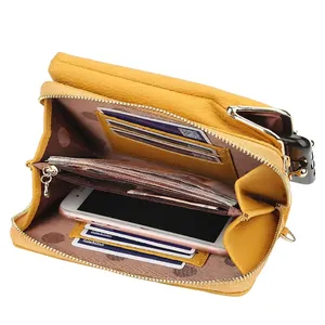 Yellow litchi pattern vertical crossbody wallet with multi-card slots and phone pocket