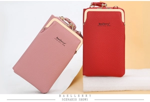 Detailed view of dusty rose and red lychee grain PU leather phone bags with gold hardware