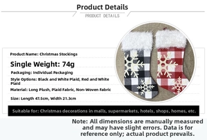 Detail specifications of plaid Christmas stockings with white snowflake patterns and faux fur