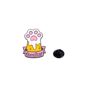 Pink cat paw enamel pin with familiar text and black butterfly clasp on white background