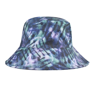Close-up of blue and purple tie-dye bucket hat showing detailed twill fabric texture