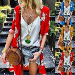 Bohemian Floral Print Kimono Cardigan For Women Chiffon Open Front Top Loose Casual Beach Cover Up Summer Vacation Lightweight Apparel