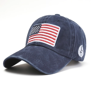 Vintage navy washed cotton baseball cap featuring American flag embroidery and USA logo