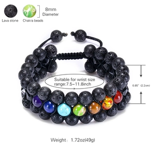 Handmade triple-layer volcanic stone and chakra bead bracelet with woven cord