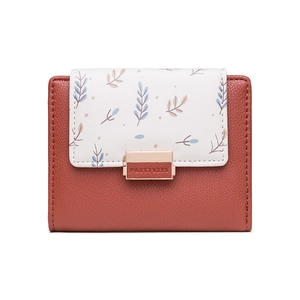 Short PU leather wallet for women with brown and beige patchwork and leaf pattern