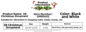 Detailed specifications of black and white LED Christmas wreath made of vine and linen
